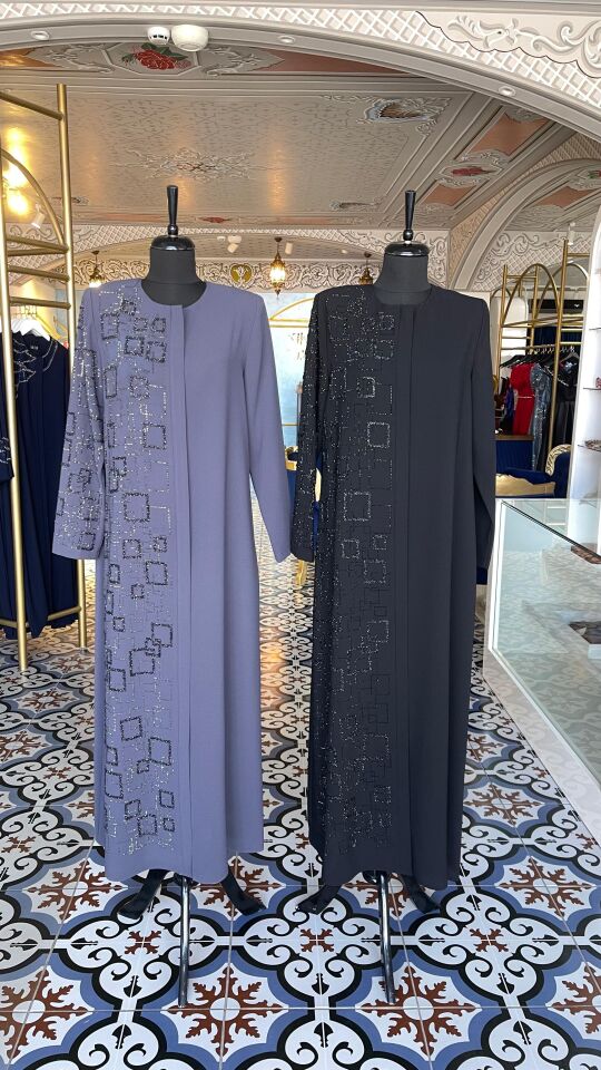 Geometrik Taş İşlemeli Asimetrik Kesim Modern Ferace