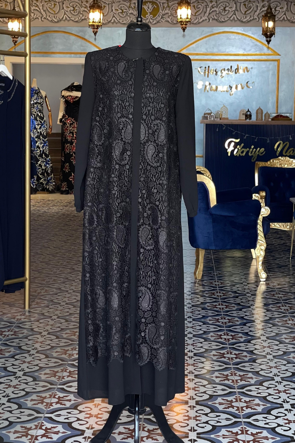 Şal Desenli Fransız Dantel İşlemeli Ferace