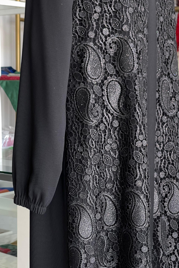 Şal Desenli Fransız Dantel İşlemeli Ferace