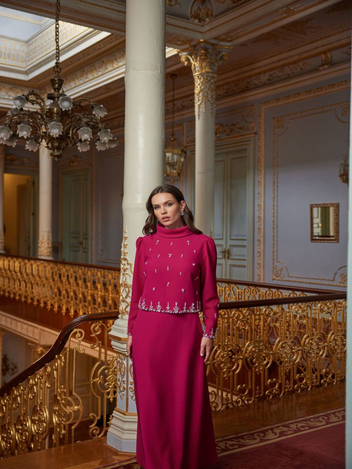 Balıkçı Yaka İşlemeli Etekli Krep Takım