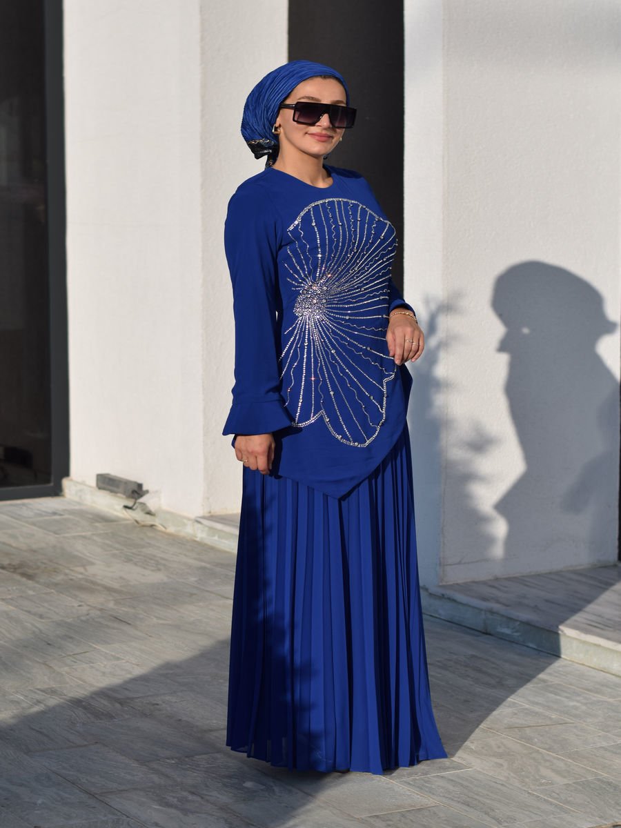 Tesettür Çiçekli Pliseli Abiye Elbise 2594