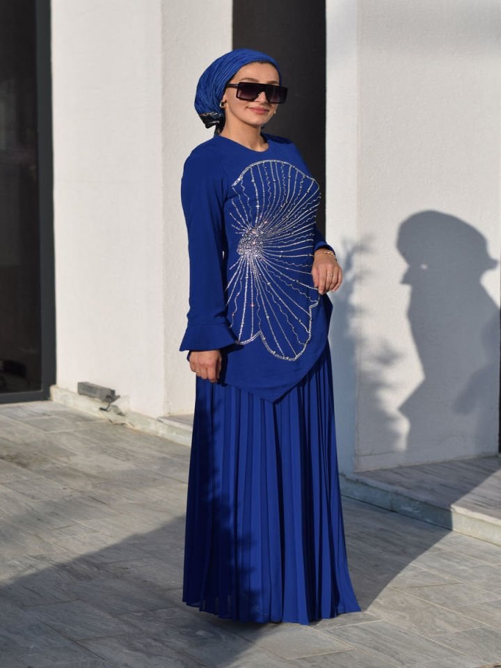 Tesettür Çiçekli Pliseli Abiye Elbise 2594