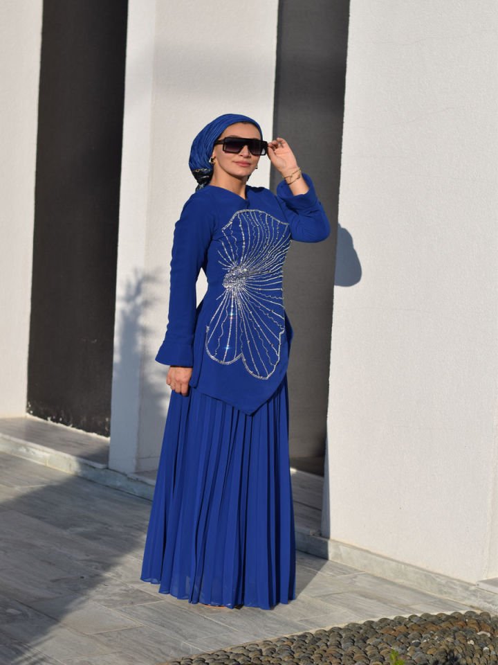 Tesettür Çiçekli Pliseli Abiye Elbise 2594