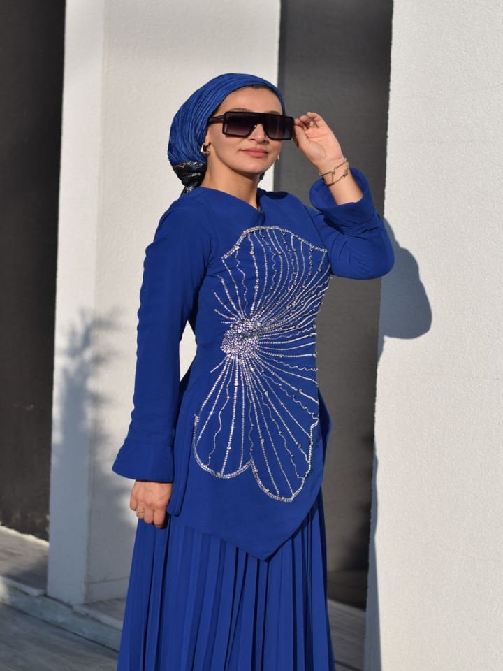 Tesettür Çiçekli Pliseli Abiye Elbise 2594