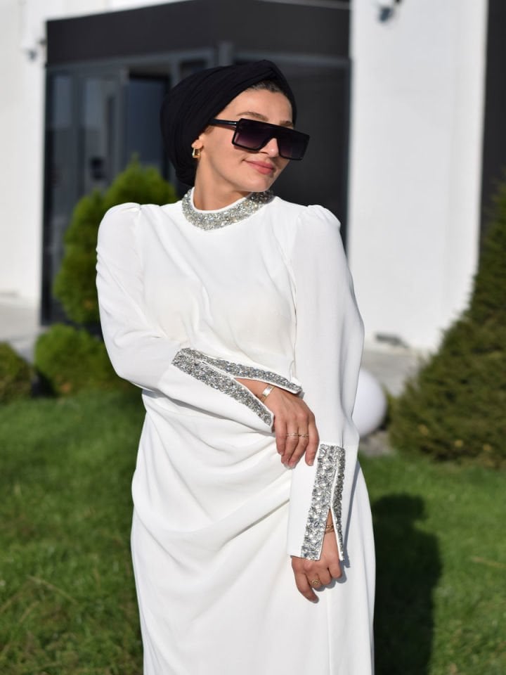 Drapeli Beyaz Abiye Elbise 2442