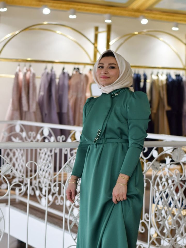 Tüylü Tesettür Zümrüt  Abiye Elbise