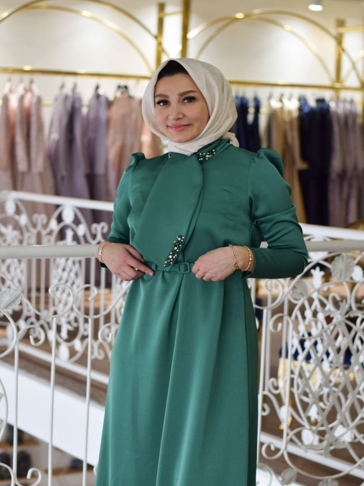 Tüylü Tesettür Zümrüt  Abiye Elbise