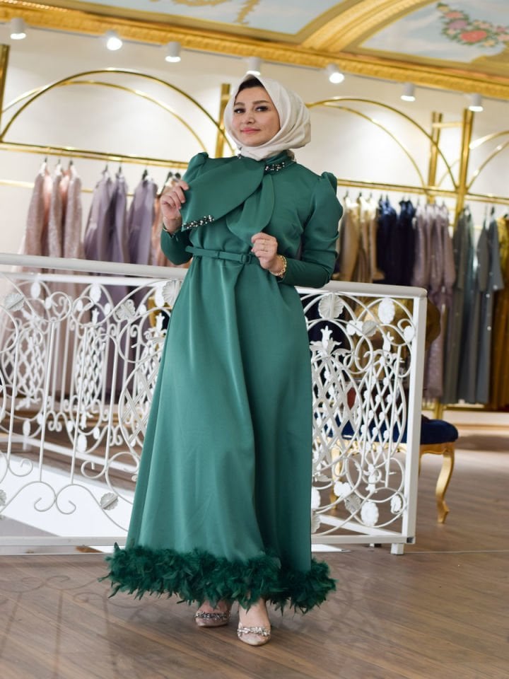 Tüylü Tesettür Zümrüt  Abiye Elbise