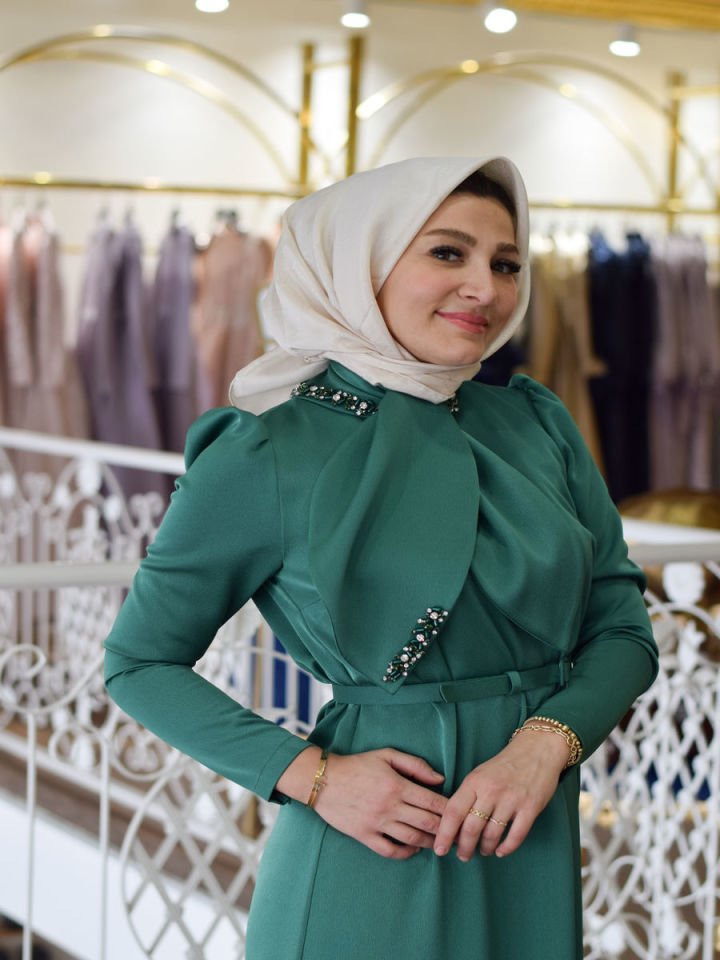 Tüylü Tesettür Zümrüt  Abiye Elbise