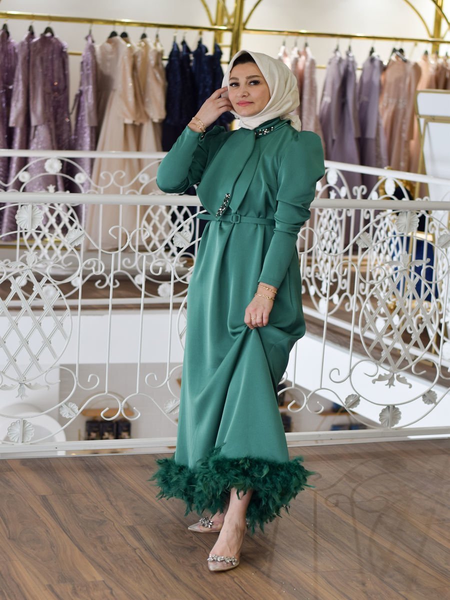 Tüylü Tesettür Zümrüt  Abiye Elbise