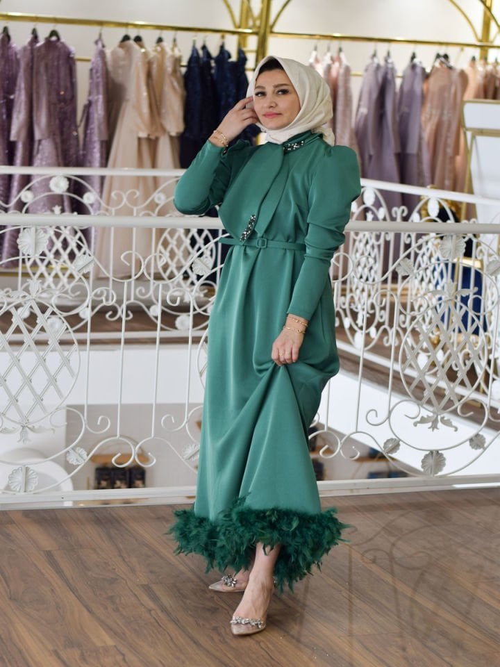 Tüylü Tesettür Zümrüt  Abiye Elbise
