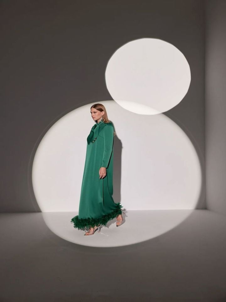 Tüylü Tesettür Zümrüt  Abiye Elbise