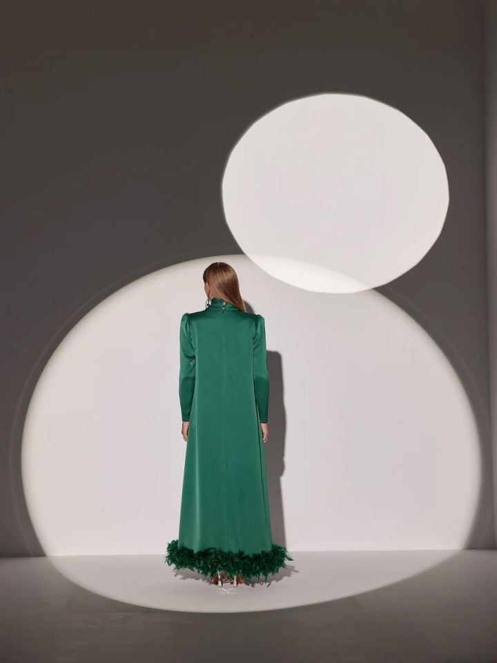 Tüylü Tesettür Zümrüt  Abiye Elbise