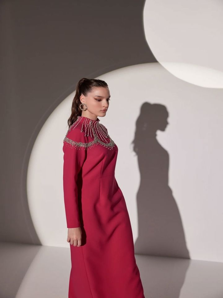 Yakası Ve Önü İşlemeli Düz Dar Abiye Elbise