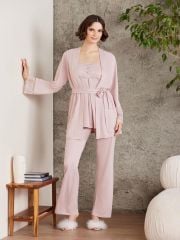 Pierre Cardin Dantelli Penye 3'lü Kadın Lohusa Pijama Takımı - 2805