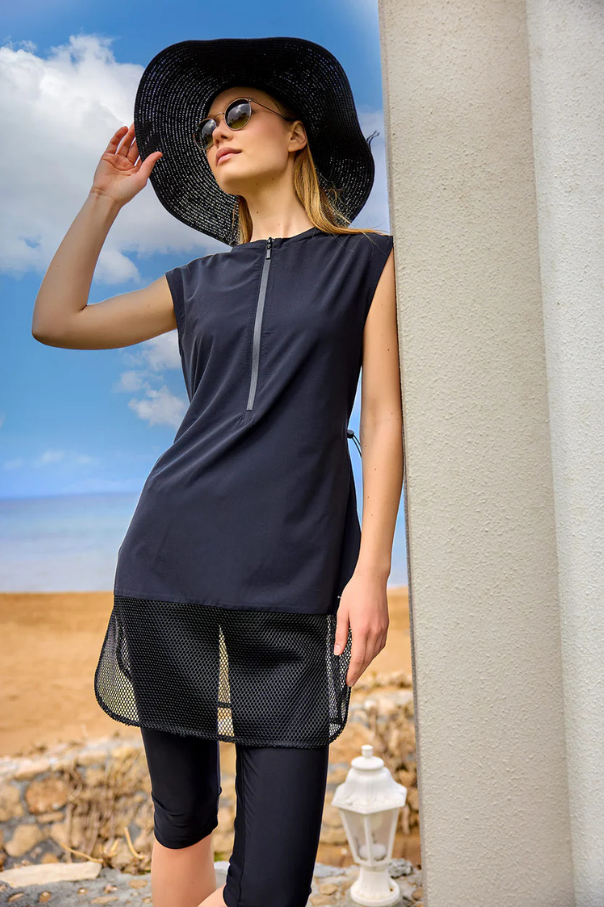 Marina Siyah Yarı Kapalı Tesettür Mayo - H2507-1