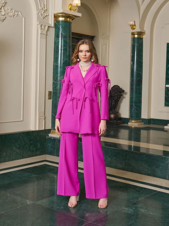 Fuşya Bağcık Detaylı Ceket Pantolon Takım