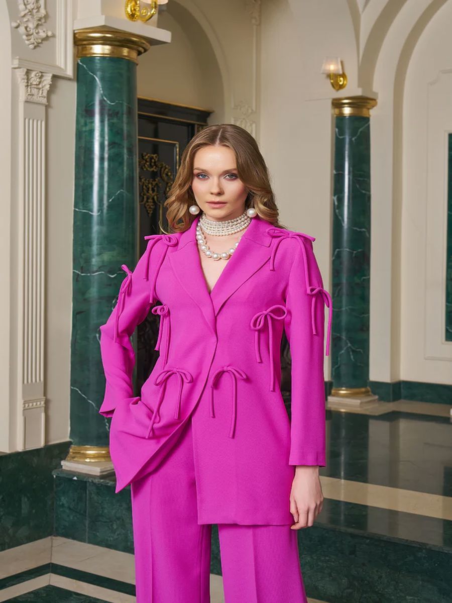 Fuşya Bağcık Detaylı Ceket Pantolon Takım