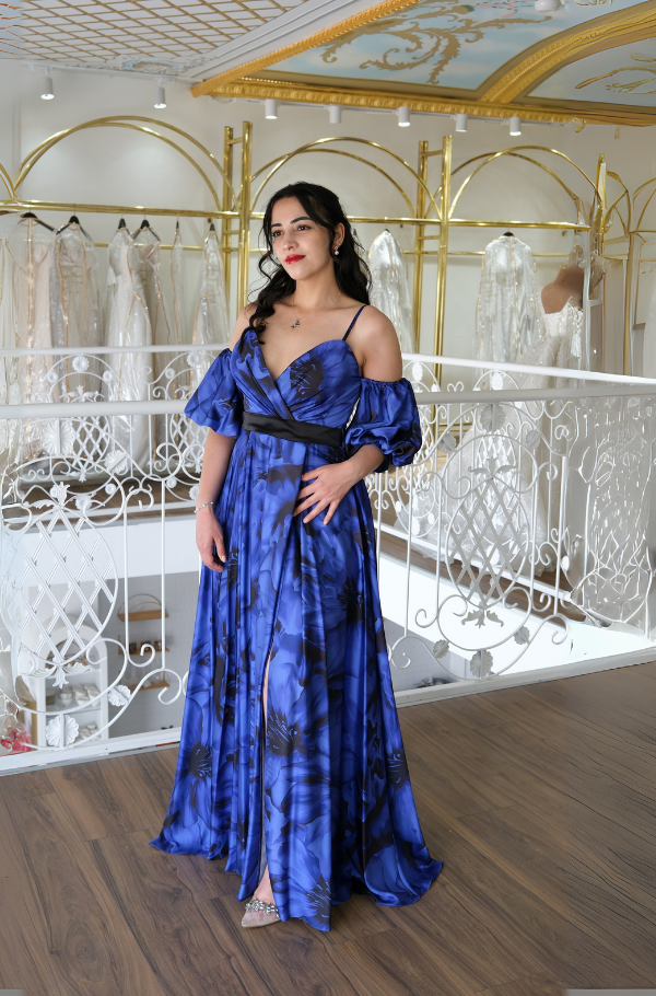 Çiçek Desenli Saten Abiye Elbise