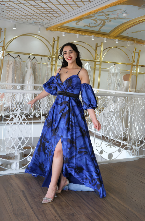 Çiçek Desenli Saten Abiye Elbise