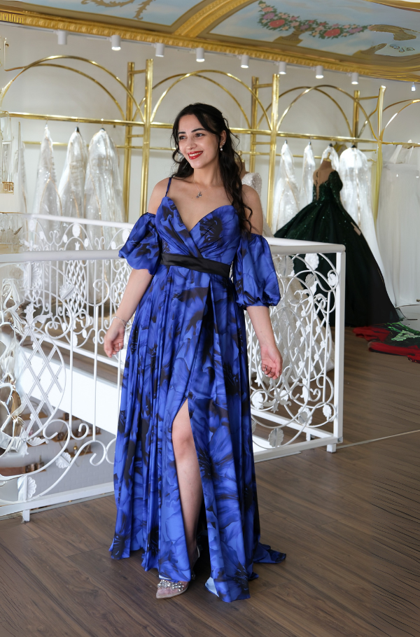 Çiçek Desenli Saten Abiye Elbise