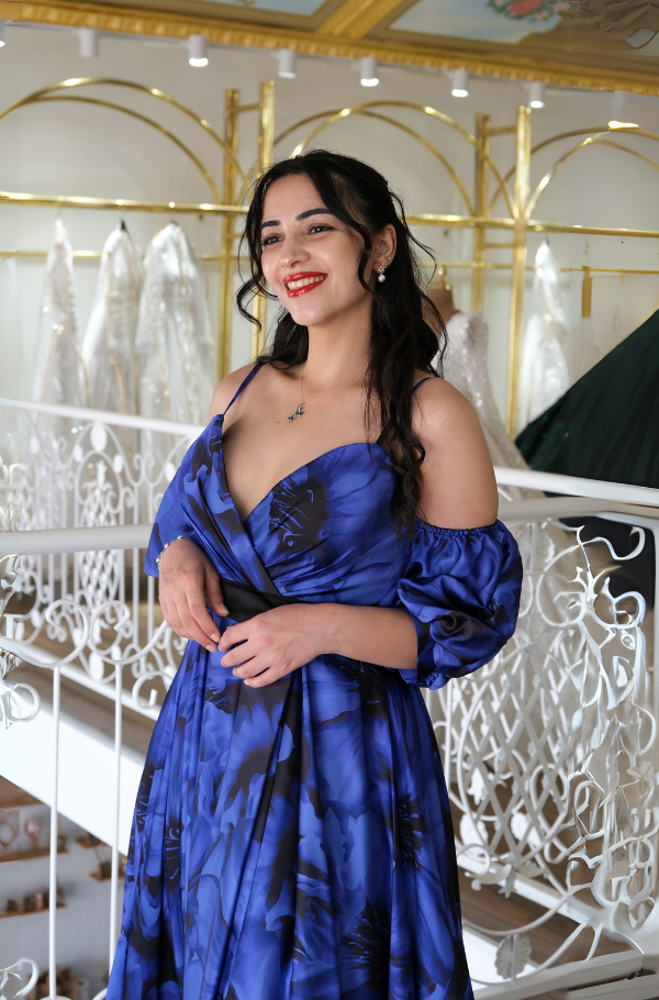 Çiçek Desenli Saten Abiye Elbise