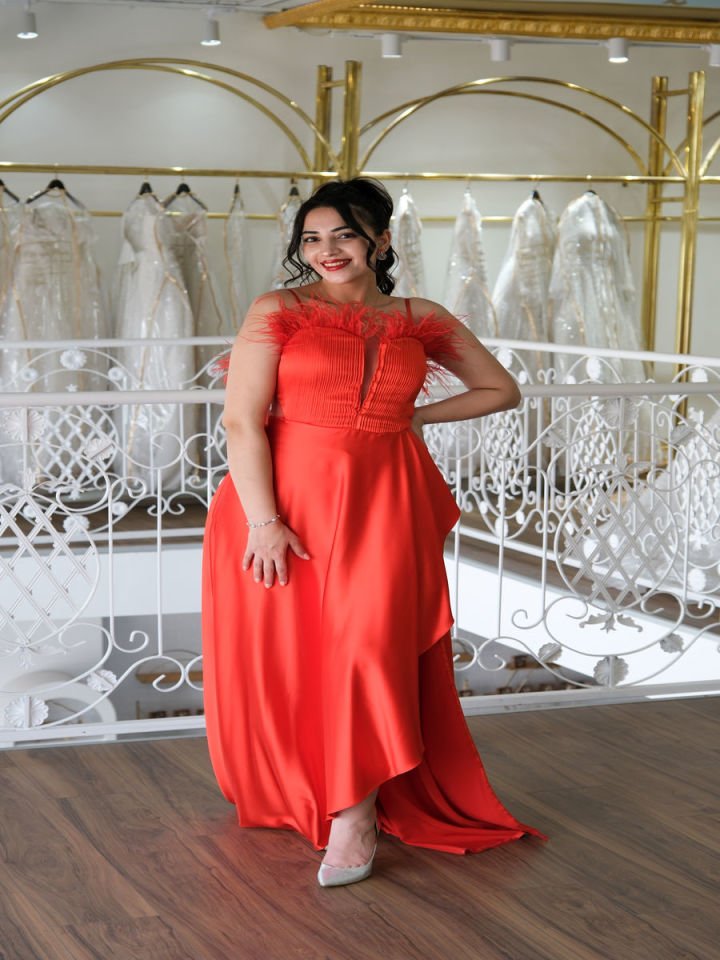 Otrişli Saten Abiye Elbise