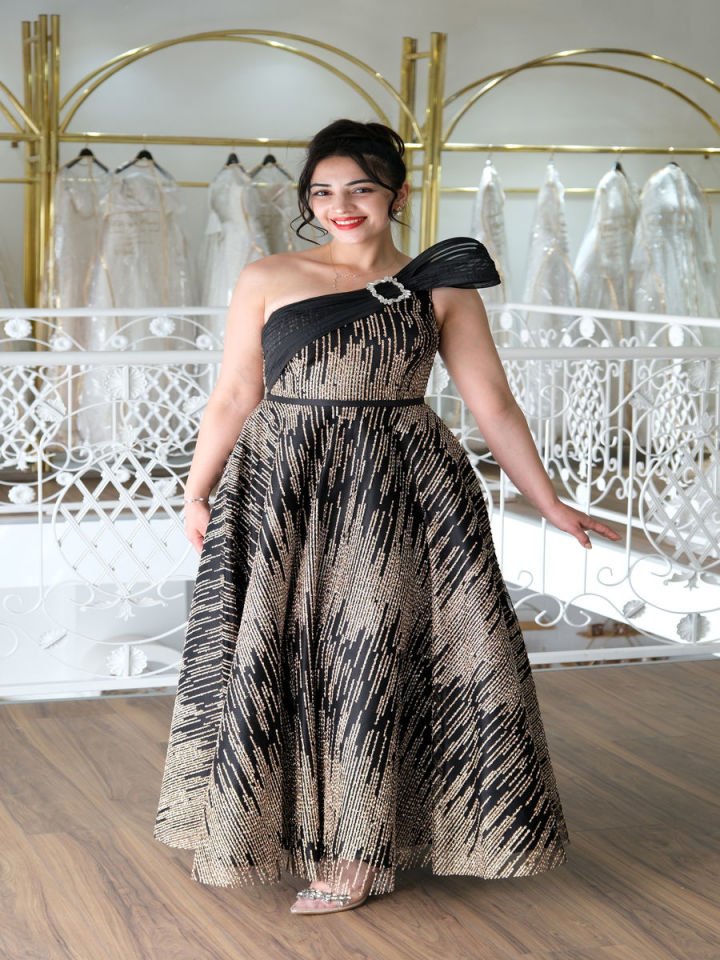 Tek Omuz Işıltılı Siyah Abiye Elbise