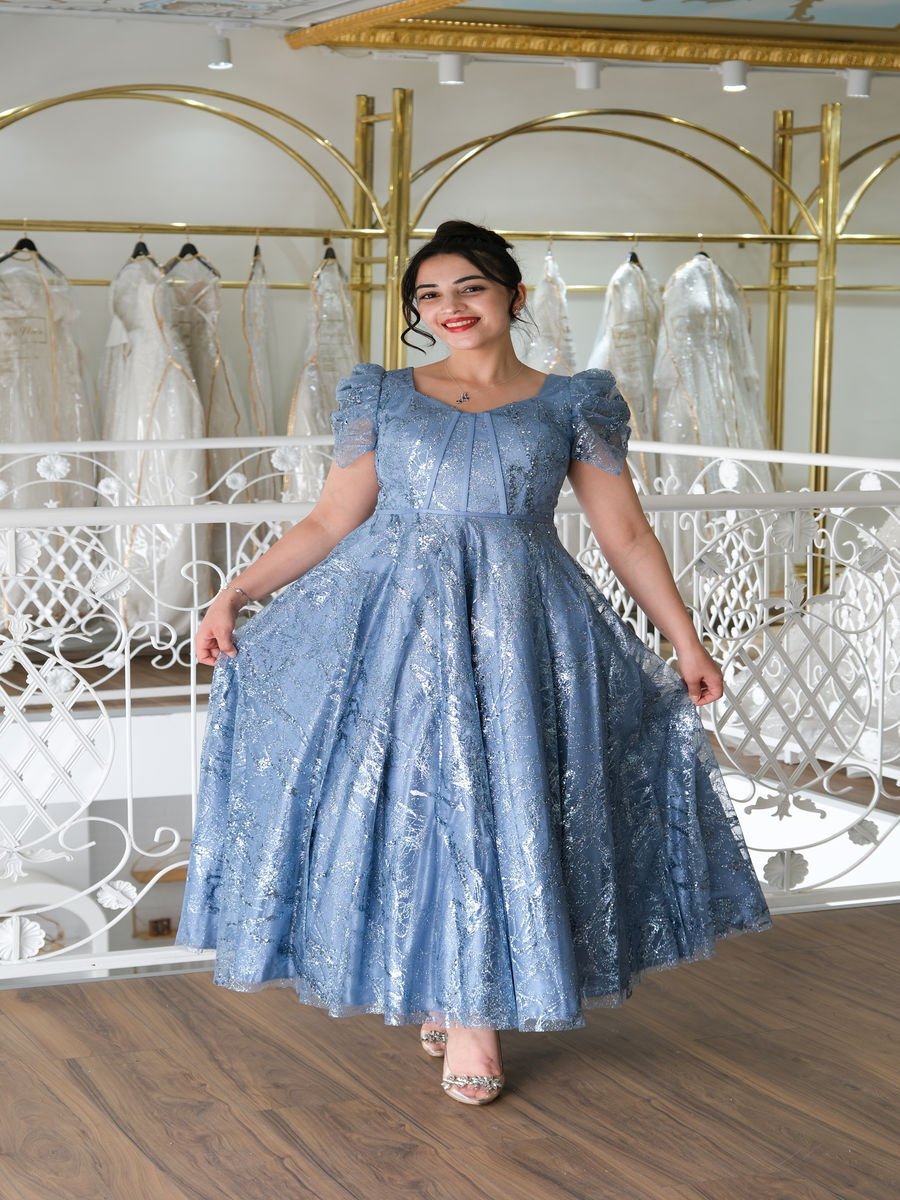 Işıltılı Mavi Kabarık Abiye Elbise