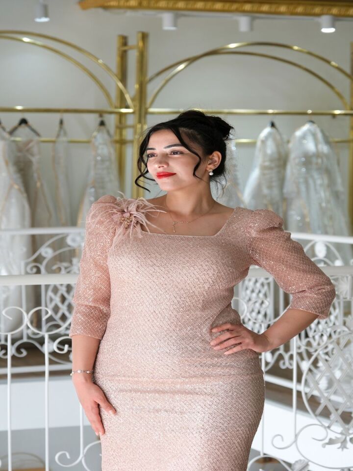 Pudra Rengi Diz Altı Abiye Elbise