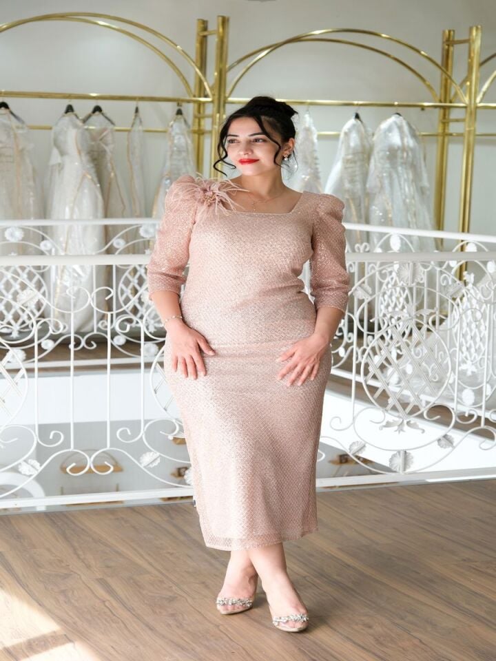 Pudra Rengi Diz Altı Abiye Elbise