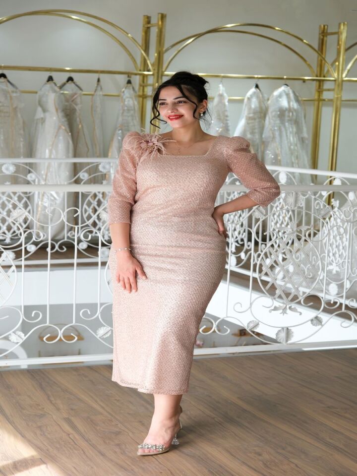 Pudra Rengi Diz Altı Abiye Elbise