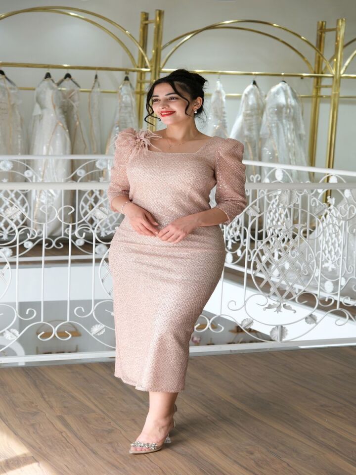 Pudra Rengi Diz Altı Abiye Elbise