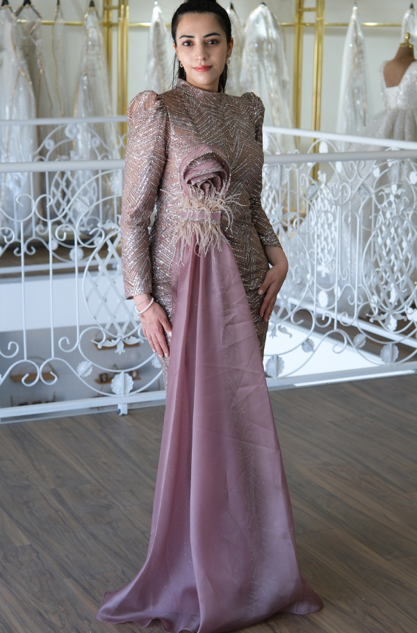 Işıltılı Gül Detaylı Tasarım Abiye elbise