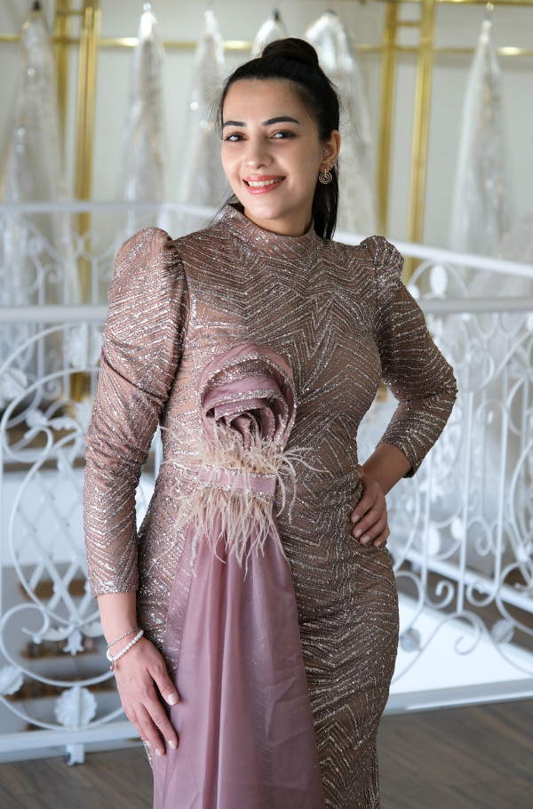 Işıltılı Gül Detaylı Tasarım Abiye elbise