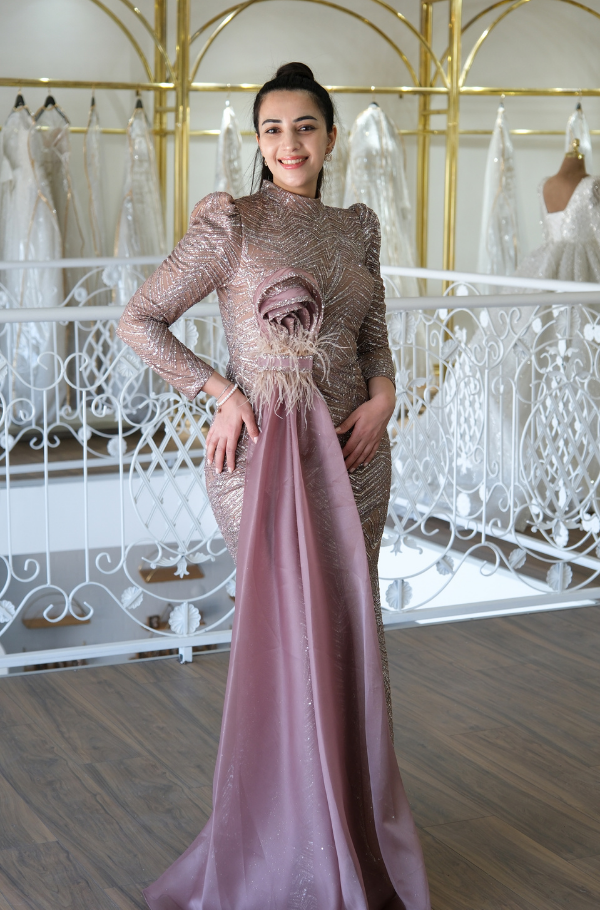 Işıltılı Gül Detaylı Tasarım Abiye elbise