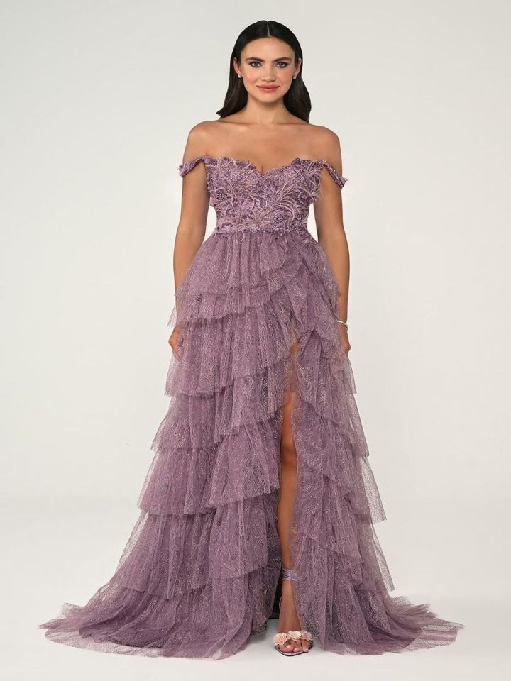 Alfabeta Düşük Omuz Katlı Simli Tül Dantel Etek Uzun Elbise Stok Kodu: MA-B6760-001