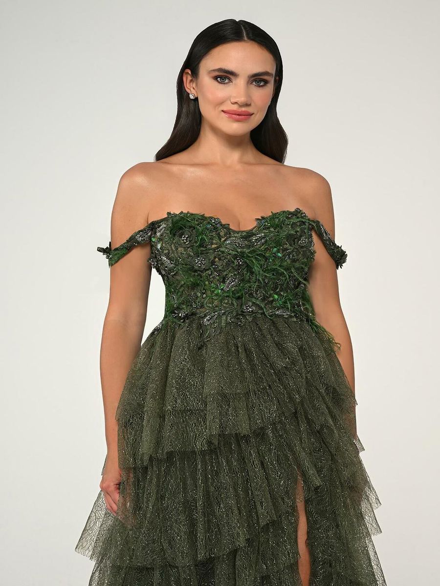 Alfabeta Düşük Omuz Katlı Simli Tül Dantel Etek Uzun Elbise Stok Kodu: MA-B6760-001