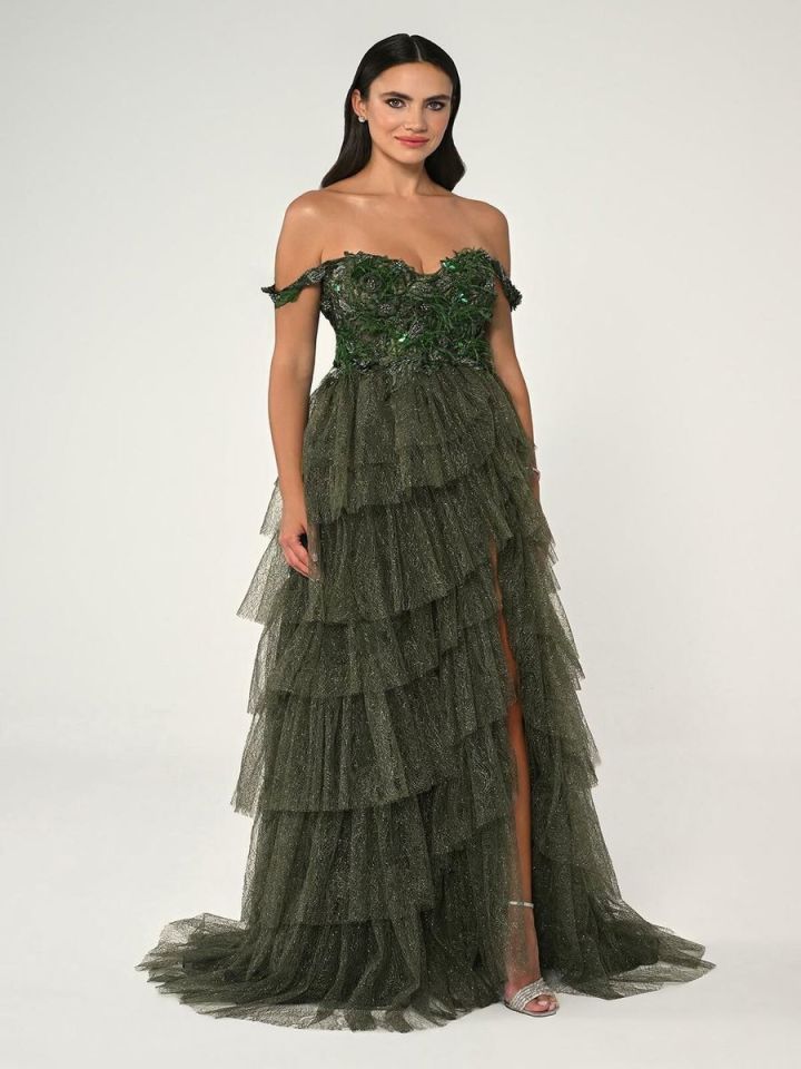 Alfabeta Düşük Omuz Katlı Simli Tül Dantel Etek Uzun Elbise Stok Kodu: MA-B6760-001