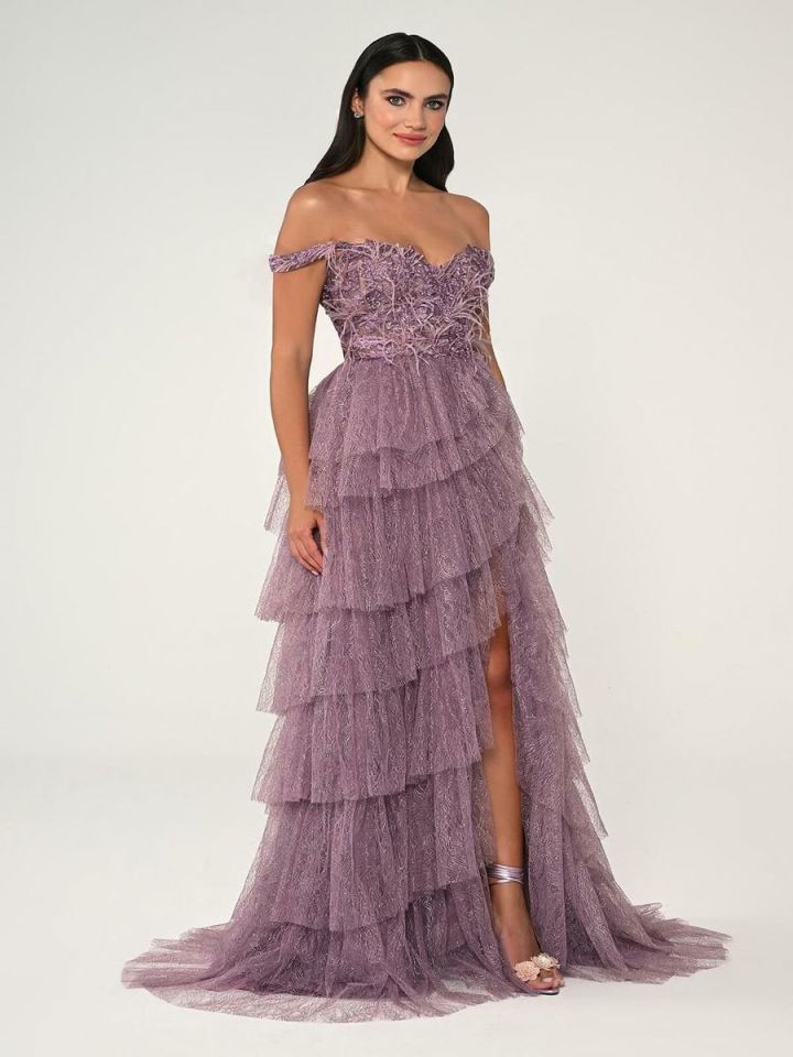 Alfabeta Düşük Omuz Katlı Simli Tül Dantel Etek Uzun Elbise Stok Kodu: MA-B6760-001