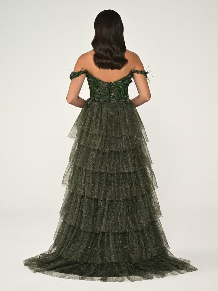 Alfabeta Düşük Omuz Katlı Simli Tül Dantel Etek Uzun Elbise Stok Kodu: MA-B6760-001