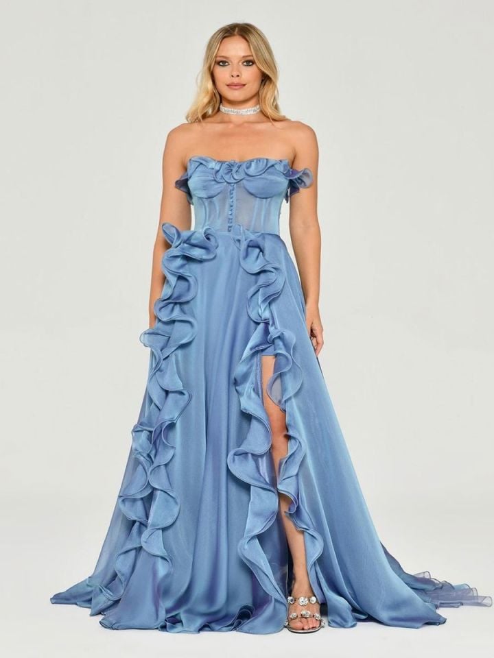 Alfabeta Straplez Fırfırlı Yırtmaçlı Şifon Uzun Elbise Stok Kodu: MA-B5782-001