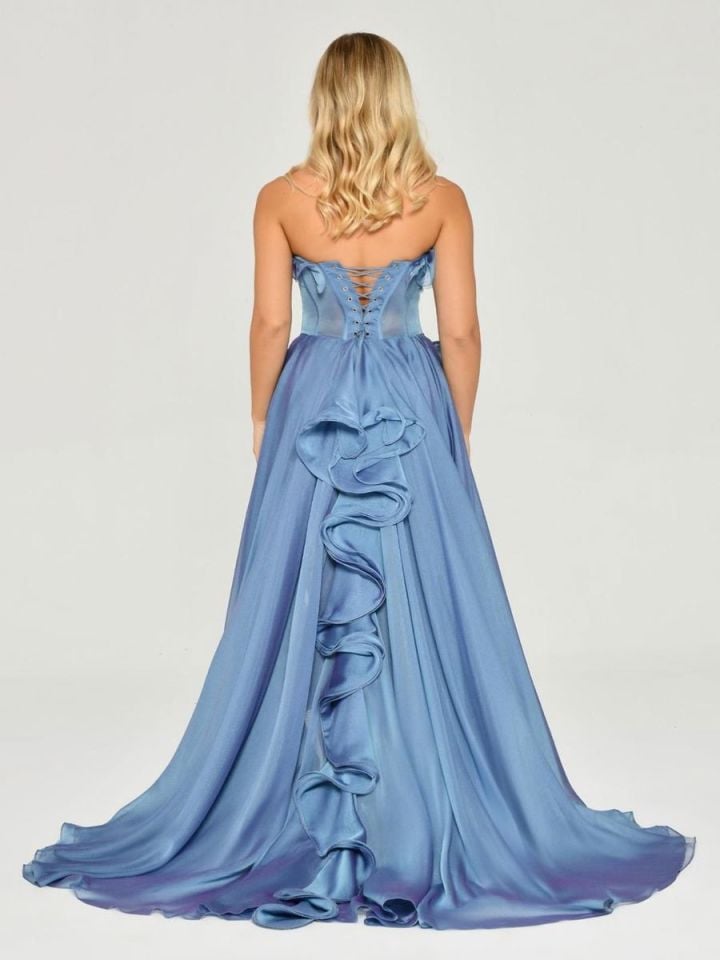 Alfabeta Straplez Fırfırlı Yırtmaçlı Şifon Uzun Elbise Stok Kodu: MA-B5782-001