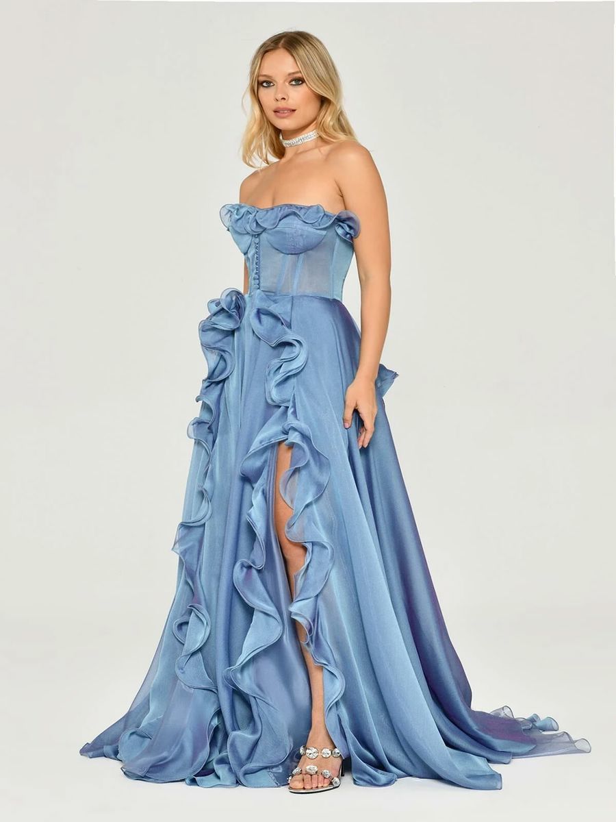 Alfabeta Straplez Fırfırlı Yırtmaçlı Şifon Uzun Elbise Stok Kodu: MA-B5782-001