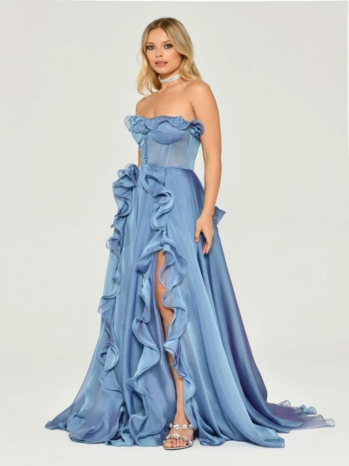 Alfabeta Straplez Fırfırlı Yırtmaçlı Şifon Uzun Elbise Stok Kodu: MA-B5782-001