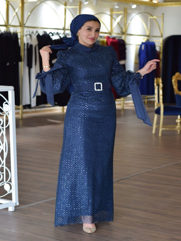 Tesettür Bianca Model Taşlı Abiye Elbise  F.23GABY.091R023