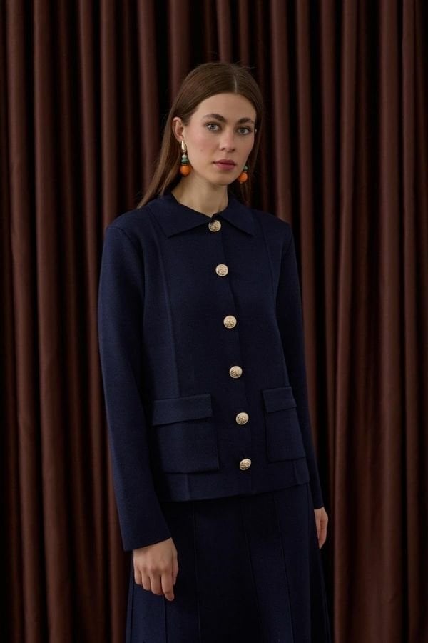 Gold Düğmeli Triko Etekli Takım