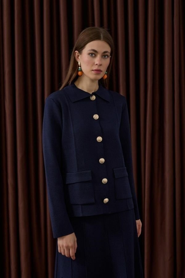 Gold Düğmeli Triko Etekli Takım