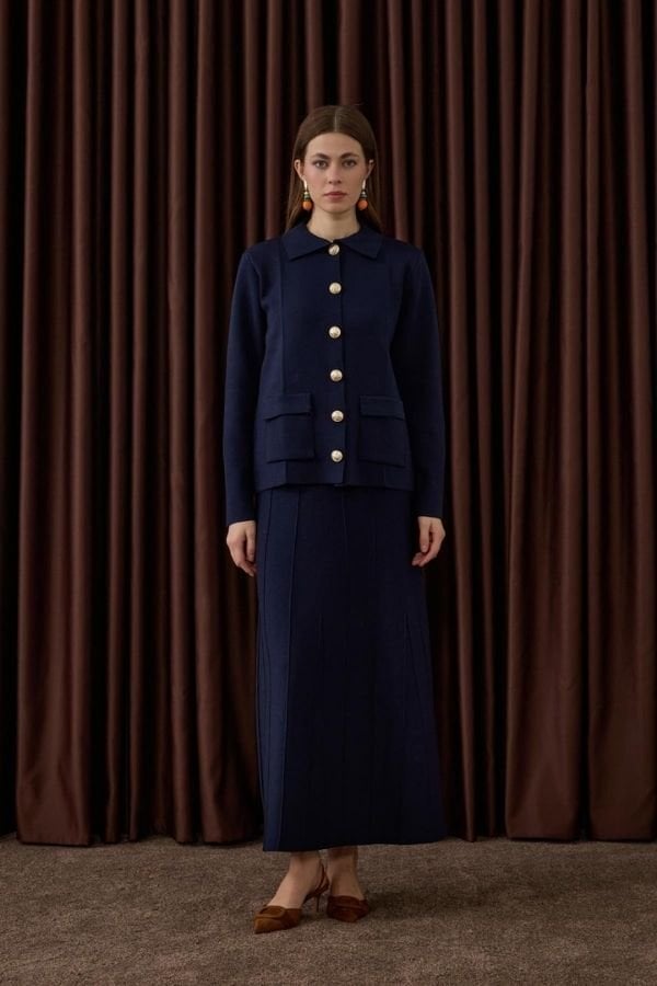 Gold Düğmeli Triko Etekli Takım