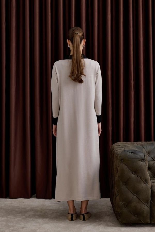 Deri Kemerli Çift Renk Triko Elbise